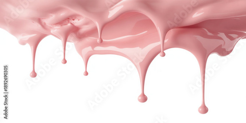 Soft pink gelato melting slowly with thick glossy drips, liquid flowing organically in curved lines, minimal white backdrop, sweet candy-like texture, vibrant pastel tones, dessert decoration for pack