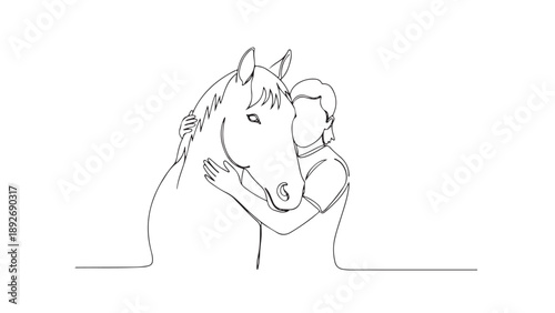 A person gently hugs a horse in a minimalistic line art drawing, symbolizing companionship and affection between human and animal
