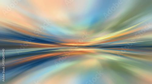 Abstract sunset sky with vibrant sunlight blending blue and warm tones across a reflective horizon
