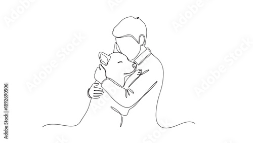A man embraces his beloved dog with a single line drawing conveying love and companionship