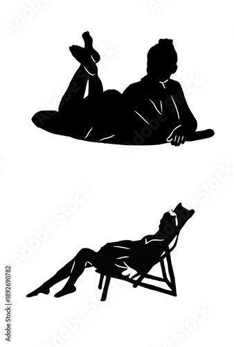 Black Silhouette Set of Women Relaxing on Beach Chairs and Sand