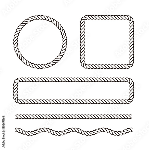Set of nautical rope frames and borders in various shapes. Black vector line illustration of round, square, and rectangular cord dividers, perfect for marine themes and rustic designs.