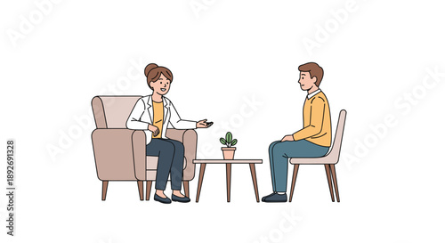 Flat Illustration of a Female Psychologist Consulting with a Male Patient in a Modern Therapy Office