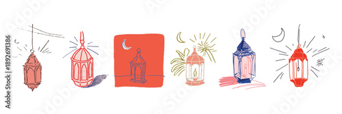 Islamic lantern illustrations for ramadan and eid celebrations with festive hanging lights and moon details