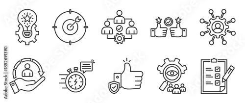  Core Values icon set collection in outline style. Icon pack contain Innovation, goals, teamwork, commitment, integrity, customers, responsibility, trust, transparency, accountability