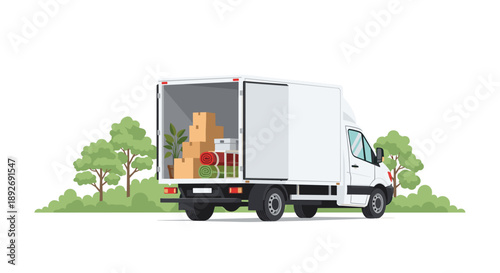 White Moving Truck with Open Back Door Loaded with Cardboard Boxes and Houseplant in Green Forest Scene