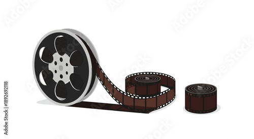 Vintage Cinema Movie Film Reel with Strips of Brown Celluloid Film Isolated on Plain White Background