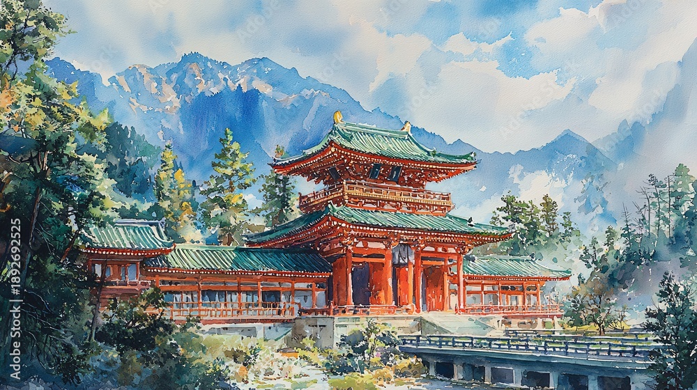 Obraz premium Ancient buildings surrounded by mountains and rivers