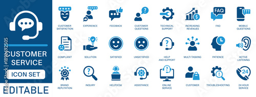 Customer service icon set. Featuring support, feedback, customer satisfaction, helpdesk, technical support, FAQ, complaints, solutions, 24 hour service, and more. perfect vector icon collection.