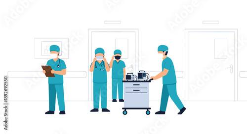 Group of Surgeons and Medical Staff in Blue Scrubs and Masks Working in a Hospital Hallway Environment