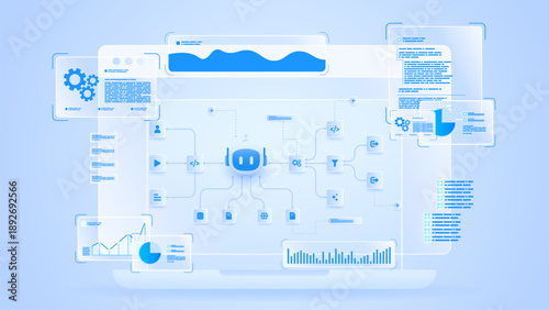 AI workflow automation artificial intelligence. ai agent network diagram dashboard machine learning system processing flow, analytic panel, coding, and automation system.