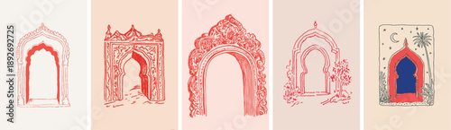Ornate islamic arch doodle illustrations for ramadan and eid greeting backgrounds and decorative designs