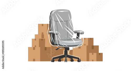 Protective Plastic Wrapped Office Chair in Front of a Large Stack of Cardboard Moving Boxes Isolated
