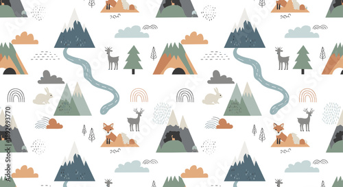Cute mountain landscape pattern with rivers, deer, foxes, trees, rainbows, clouds, and cozy forest nature elements in seamless vector style