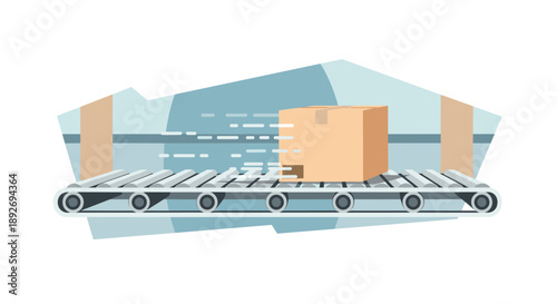 Cardboard Box Moving at High Speed on a Conveyor Belt for Fast Shipping and Logistics Concept