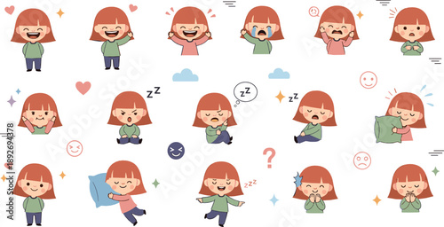 Cute girl character set showing multiple emotions, facial expressions, actions, moods, and adorable cartoon kids illustration collection