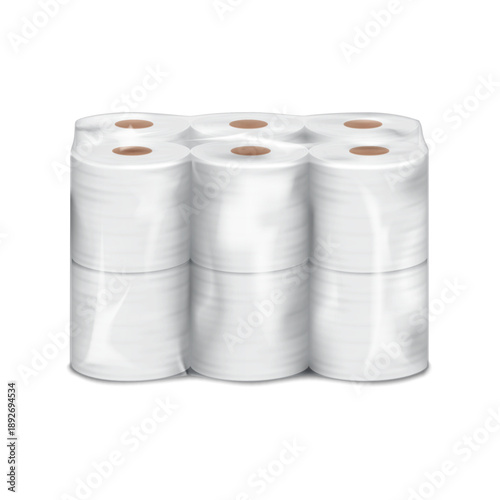Toilet paper 12 roll pack. Bathroom tissue blank white multipack clear plastic packaging. Realistic vector mockup. Toilet rolls multi-pack transparent shrink film wrap. Template for design