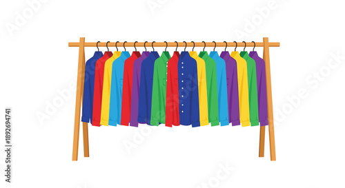 Large Collection of Brightly Colored Shirts Hanging on a Wooden Clothes Rack for Fashion Retail Display
