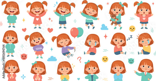 Cute little girl character set with multiple emotions, facial expressions, poses, gestures, and colorful cartoon kids illustration pack