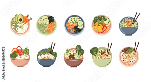 Asian Street Food Icon Set: Flat Vector Illustration of Ramen, Sushi, Dim Sum, and Boba Tea