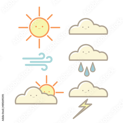 Cute Kawaii Weather Icons Vector Pastel Colored Flat Style Climate Illustration, Hand-Drawn Cartoon Weather Symbols for Forecast, Kids Design, Education, and Cute Nature Theme