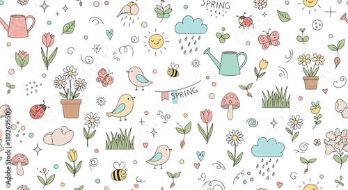 Cute spring doodle pattern with flowers, birds, bees, clouds, watering cans, sunshine, mushrooms, and playful pastel nature background