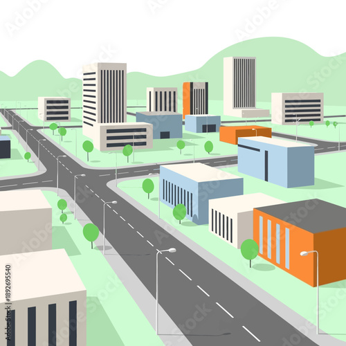 Flat Design Cityscape with Modern Buildings and Roads, Urban Landscape