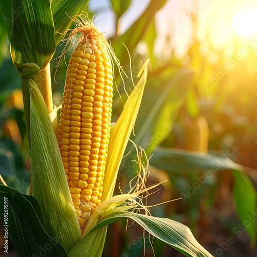 Ripe Corn on the Stalk in Sunlight - A Harvest Ready Image.