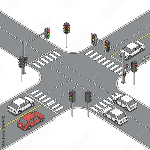 Isometric Traffic Intersection with Cars and Traffic Lights