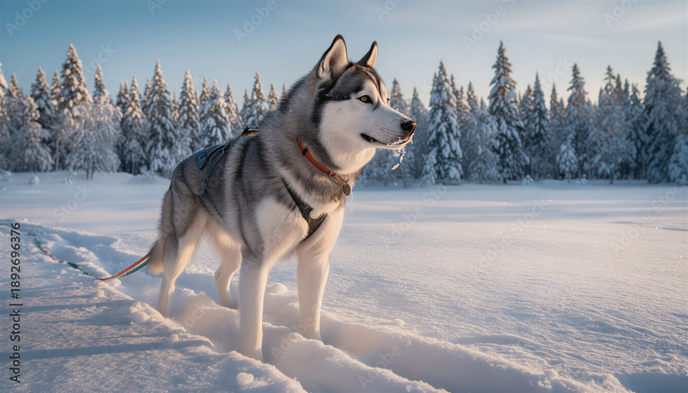Naklejka premium Husky in a harness standing on the snow, alert posture in a winter outdoor setting