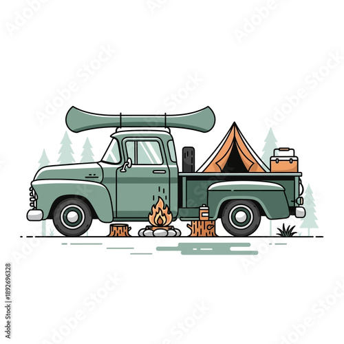 Vintage Pickup Truck with Canoe and Tent, Camping Adventure Scene
