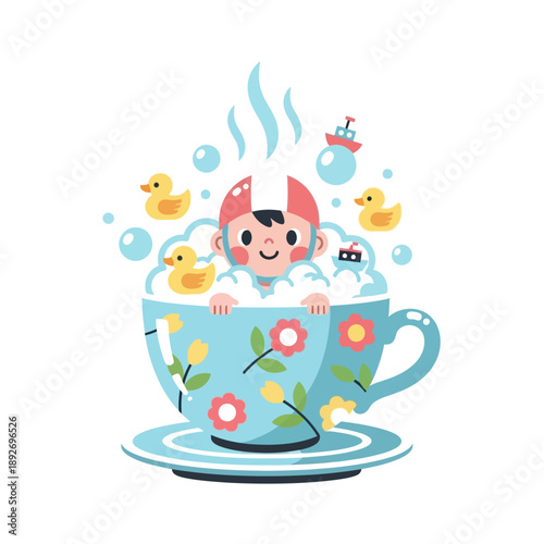 Cute Child Bathing in Giant Teacup with Rubber Ducks and Bubbles