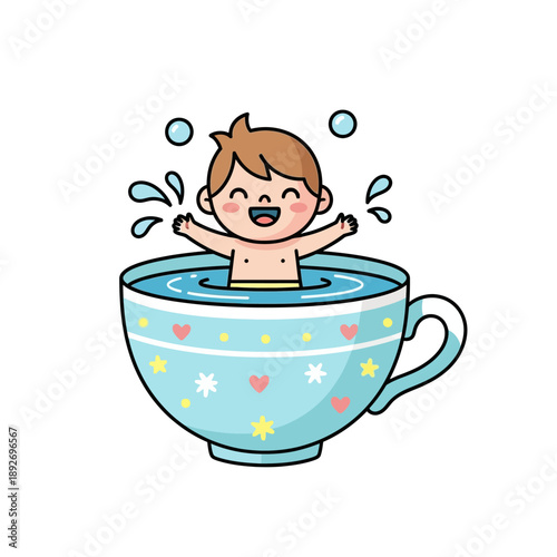Happy Boy Bathing in a Giant Teacup with Water Splashes