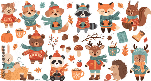 Cute autumn animals vector set with fox, bear, raccoon, deer, panda, hedgehog, pumpkins, cozy sweaters, falling leaves, and fall cartoon characters