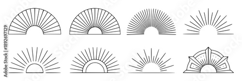 Collection of black and white vector illustrations depicting various sunburst and radiant light designs with different geometric patterns