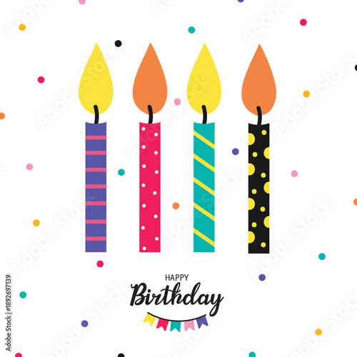 Birthday cake candles. Small wax sticks with burning wick isolated on white background. Cute greeting card.