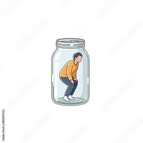 Man Trapped Inside Glass Jar, Feeling Confined and Stressed