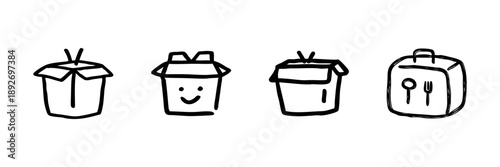 Takeout Food Containers And Lunchbox Line Icon Set In Doodle Style. Meal Packaging, Delivery, And Portable Dining Outline Sketch Collection. Hand Drawn Isolated Vector Illustration