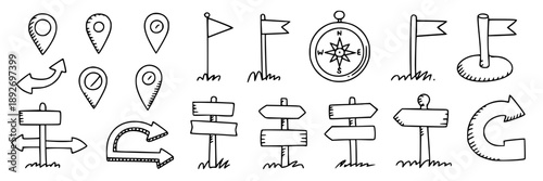 Collection of simple icons representing location markers, directional signs, navigation symbols, and pathway indicators in black line art