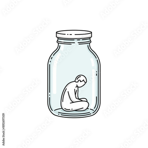 Person Trapped Inside Glass Jar, Isolation and Loneliness Concept