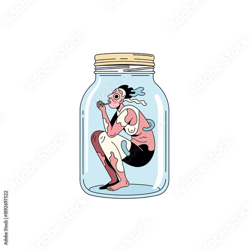 Woman with Vitiligo Trapped in Glass Jar, Feeling Stressed and Isolated