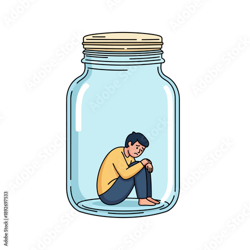 Sad man trapped inside a glass jar, symbolizing isolation and confinement.