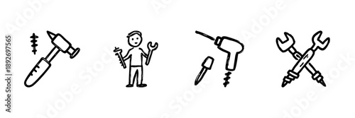 Handyman Tools And Repair Line Icon Set In Doodle Style. Construction, Maintenance, And Diy Equipment Outline Sketch Collection. Home Improvement And Craftsmanship. Hand Drawn Vector Illustration