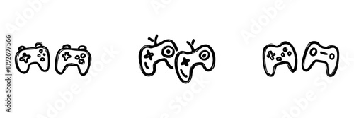 Game Controller Line Icon Set In Doodle Style. Video Gaming, Multiplayer Interaction, And Console Play Outline Sketch Collection. Hand Drawn Isolated Vector Illustration