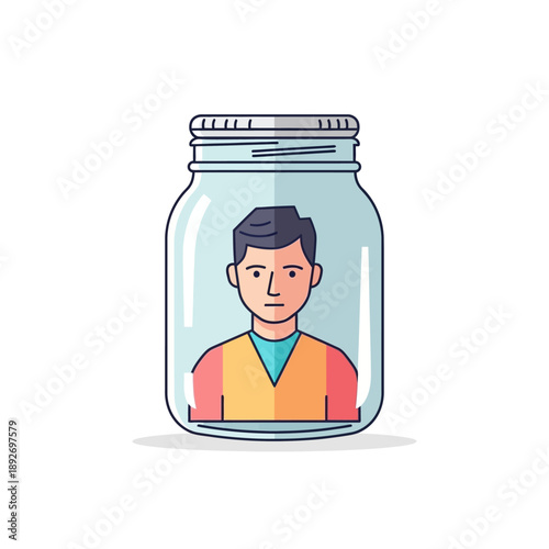 Man Trapped Inside Glass Jar, Concept of Confinement, Isolation, or Claustrophobia