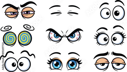 Cartoon eyes expression set isolated on white background, funny comic eyes collection showing emotions for animation design stickers illustration projects