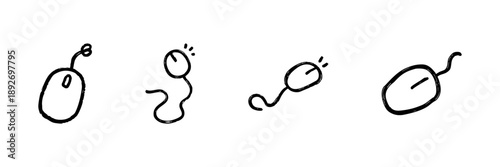 Computer Mouse Line Icon Set In Doodle Style. Digital Navigation, Technology Interaction, And User Interface Control Outline Sketch Collection. Hand Drawn Isolated Vector Illustration