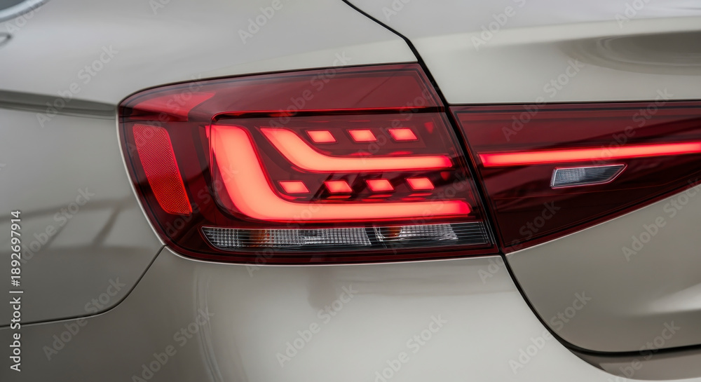 Fototapeta premium Close-up of modern car tail light with red glow
