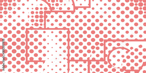 Abstract geometric halftone pattern background with varying pink dots and outlined shapes for modern vector design illustration