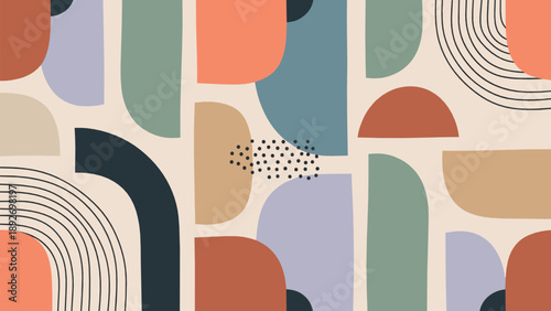 Modern abstract geometric pattern vector set with pastel arches, organic shapes, dotted textures, minimal design, and stylish seamless background
